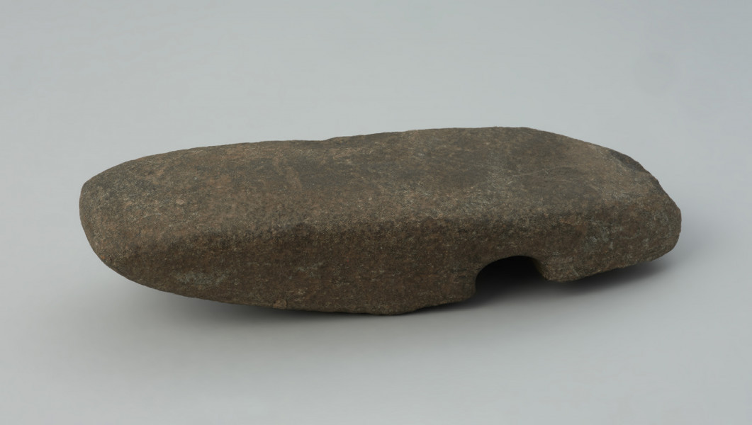 półwytwór, topór - Ujęcie na płasko. Półwytwór topora kamiennego z prostym korpusem, pękniętym w trakcie wiercenia otworu w części tylnej.