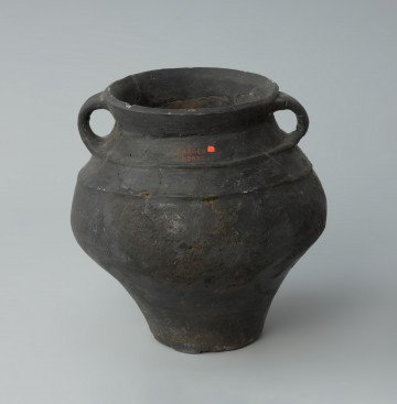 Dwuuche naczynie - Ujęcie z przodu. Dwuuche naczynie o gładkiej powierzchni barwy ciemnobrunatnej, miejscami czarnej.