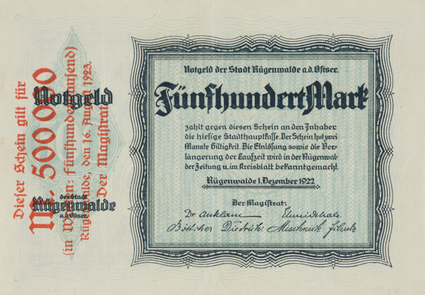 bon - Ujęcie przodu bez poddruku. Dwustronny bon o nominałe 500 marek, z błękitnym poddrukiem, czarnymi gotyckimi napisami i czerwonym nadrukiem nominału 500 000 marek.