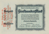 bon - Ujęcie przodu bez poddruku. Dwustronny bon o nominałe 500 marek, z błękitnym poddrukiem, czarnymi gotyckimi napisami i czerwonym nadrukiem nominału 500 000 marek.