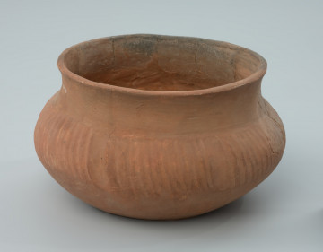 Naczynie gliniane (waza) - Ujęcie z przodu i z góry. Naczynie gliniane (waza) o przysadzistych proporcjach, barwy jasnobrunatnej. Brzusiec wazy jest w całości zdobiony dookolnie nieregularnymi skośnymi płytkimi bruzdami.