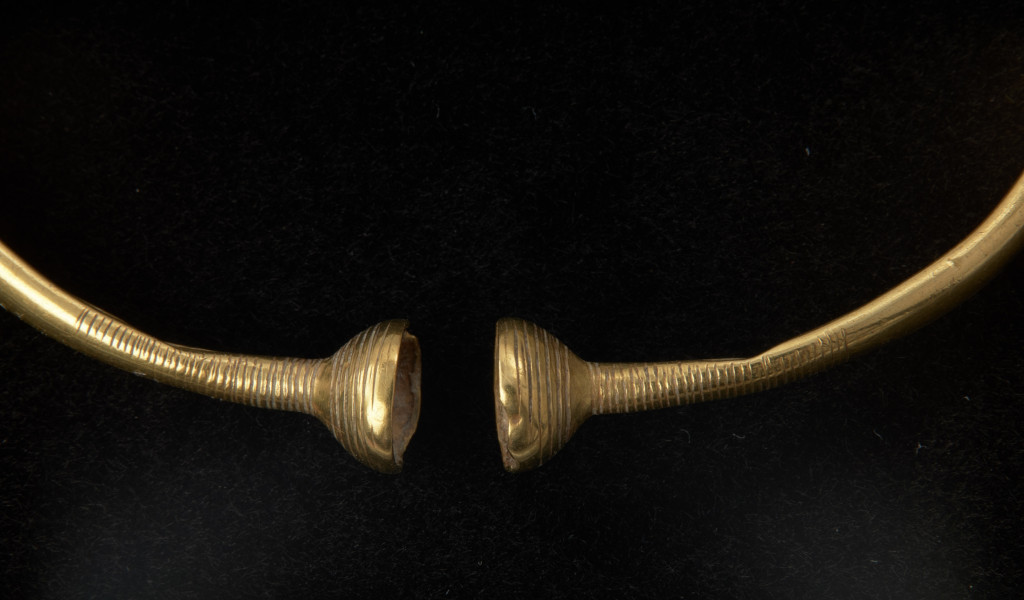 bransoleta z pieczątkowatymi zakończeniami - Ujęcie detalu zapięcia z lewej strony. Bransoleta otwarta z pieczątkowatymi zakończeniami, przypominającymi niewielkie miseczki lub naparstki, wykonana jest ze stosunkowo cienkiej, złotej blachy, której brzegi zagięte są charakterystycznie pod spód, tworząc wąskie, puste wewnątrz obręcze. Kabłąk bransolety zdobią grupy poprzecznych nacięć, a jej zakończenia dookolne ryty.