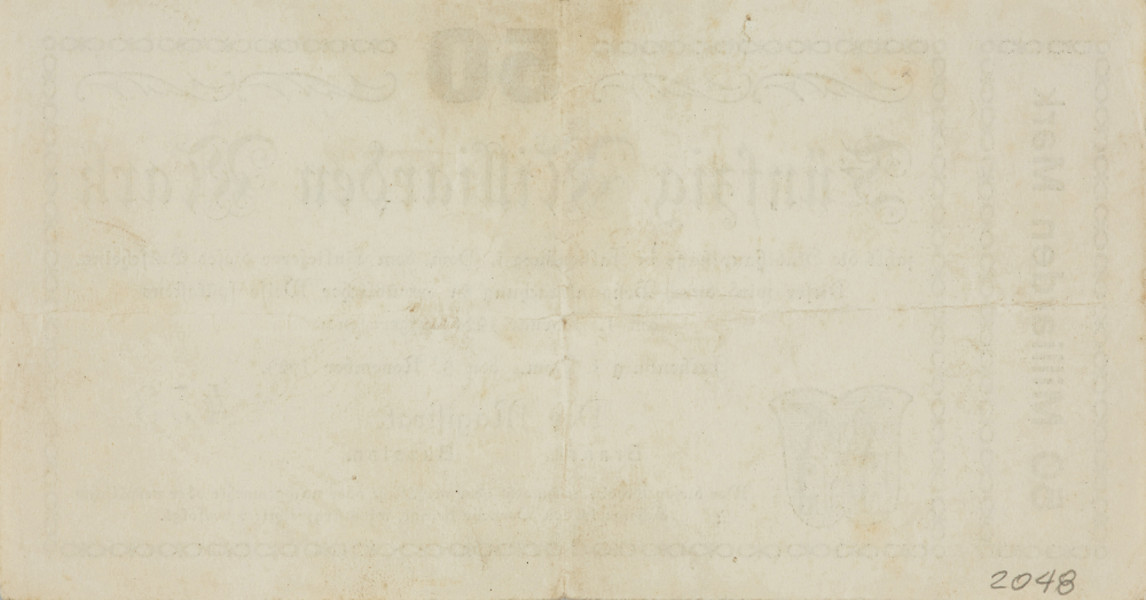 50 miliardów marek - Ujęcie z tyłu. Jednostronny bon o nominale 50 miliardów marek z czarnymi gotyckimi napisami. Strona główna: w prostokątnej ramce złożonej z ustawionych poziomo ósemek, czcionką zbliżoną do fraktury w kolorze czarnym napis: 50/ Fünzig Milliarden Mark/ zahlt die Stadthauptkasse in Falkenburg i. Pomm. dem Einlieferer dieses Geldscheins./ Dieser wird durch Bekanntmachung in ortsüblicher Weise spätestens/ am 1. Februar 1924 aufgerufen./ Falkenburg i Pomm., den 3. November 1923./ Der Magistrat/ Brandt. - Bussian./ Wer diesen Schein nachmacht oder ferfälst oder nachgemachte oder ferfälste/ Scheine in der Verkehr bringt, wird strafrechtlich verfolgt. Po prawej stronie w kolorze czarnym numer bonu: 453, a po lewej stronie herb miasta. Po prawej w ramce prostopadle oznaczenie nominału: 50 Milliarden Mark. Strona odwrotna: pusta. Papier biały.