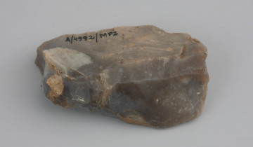 Rdzeń wiórowy jednopiętowy - ujęcie z przodu; Rdzeń wiórowy jednopiętowy, eksploatowany miękkim tłukiem, wykonany został na masywnym odłupku lub okruchu surowca dobrej jakości. Pięta uformowana w procesie zaprawy jednym odbiciem twardego tłuka, wierzchołek po niewielkiej korekcie. Jedna z powierzchni bryły (odłupnia) pokryta podłużnymi negatywami wiórów. W dolnej części rdzenia widoczne są ślady odbić zakończonych niepowodzeniem, co było skutkiem zastosowania zbyt małej siły przy odbiciu oraz uderzenia pod nieodpowiednim kątem i za daleko od krawędzi. Powierzchnia rdzenia jest pokryta lekką patyną powstałą na skutek zalegania w środowisku o odczynie lekko kwaśnym.