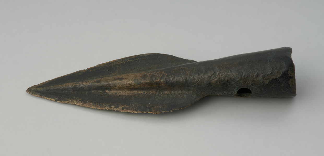 Grot oszczepu - Ujęcie w poziomie przodu grotu. Brązowy grot oszczepu ma smukłą formę oraz wąski liść. Na tulejce znajdują się dwa otwory na nity.