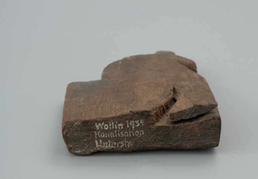 przedmiot kultowy, figurka - Ujęcie spodu. Figurka drewniana przedstawiająca konia z realistycznie zaznaczonym łbem i szyją.