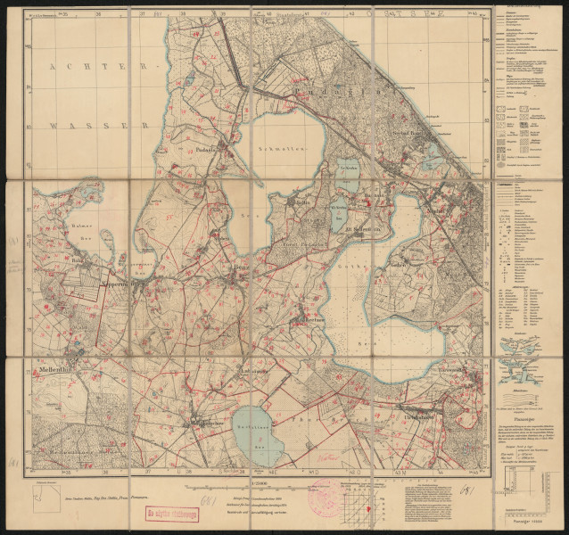 drukowana mapa 681 Benz II - Ujęcie z przodu; Mapę 681 Benz II opracowano i wydano w 1886, a skorygowano w 1911 roku. Obejmuje obszar w pobliżu miejscowości Benz, Kreis Usedom-Wollin, Reg. Bez. Stettin, Prov. Pommern, dziś Kreis Vorpommern-Greifswald, Bundesland Mecklenburg-Vorpommern, Niemcy. Jest jedynym zachowanym egzemplarzem arkusza przedwojennej mapy topograficznej oznaczonego godłem 681, zawierającym dane o lokalizacji obiektów i ich nazw w zasobie archiwalnym Flurnamen Sammlung. Na drukowanej mapie ręcznie naniesiono warstwę z numeracją obiektów fizjograficznych odnoszących się do miejscowości: Pudagla, Bansin, Balm, Neppermin, Stoben, Benz, Sellin, Reetzow, Alt Sallenthin, Neuhof, Gothen, Mellenthin, Katschow, Labömitz, Ulrichshorst, Korswandt.