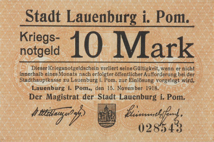 bon - Ujęcie strony głównej. Dwustronny bon o nominałe 10 marek, z beżowym poddrukiem i czarnymi napisami.