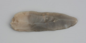 grot; ostrze; tylczak łukowy - ujęcie z góry; Tylczak w kształcie wydłużonego trójkąta wykonany na wiórze z krzemienia kredowego wysokiej jakości, odbitego od jednopietowego rdzenia. Drobna piętka, relatywnie płaski sęczek wióra, płaskie, rozlane fale odbicia, wyraźne skazy promieniste i prosty profil z lekkim podgięciem w części proksymalnej wskazują na odbicie wióra przy pomocy miękkiego tłuka. Jedna z krawędzi wióra została zatępiona stromym retuszem od strony wierzchniej. Widoczne na zabytku delikatne wyświecenie sugeruje długotrwałe zaleganie na powierzchni gruntu.