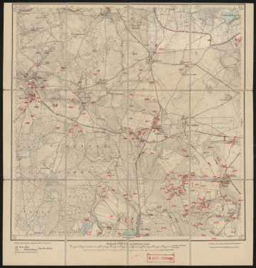 drukowana mapa 453 Zuckers I - Ujęcie z przodu; Mapę 453 Zuckers I opracowano w 1889, a dodrukowano w 1919 roku. Obejmuje obszar w pobliżu miejscowości Zuckers, Kreis Rummelsburg, Reg. Bez. Köslin, Prov. Pommern, dziś Suchorze, pow. bytowski, woj. pomorskie, Polska. Jest jedynym zachowanym egzemplarzem arkusza przedwojennej mapy topograficznej oznaczonego godłem 453, zawierającym dane o lokalizacji obiektów i ich nazw w zasobie archiwalnym Flurnamen Sammlung. Na drukowanej mapie ręcznie naniesiono warstwę z numeracją obiektów fizjograficznych odnoszących się do miejscowości: Wobeser, dziś Objezierze; Zuckers; Brünnow, dziś Bronowo; Sellin, dziś Zielin; Zettin, dziś Cetyń; Treblin, dziś Trzebielino; Poberow, dziś Poborowo.