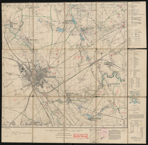 Mapa drukowana 1243 Stargard II - Ujęcie z przodu; Mapę 1243 Stargard II opracowano i wydano w 1890, a skorygowano w 1922 roku. Obejmuje obszar w pobliżu miejscowości Stargard i.Pom., Stadtkreis Stargard, Reg. Bez. Stettin, Prov. Pommern, dziś Stargard, pow. stargardzki, woj. zachodniopomorskie, Polska. Jest jedynym zachowanym egzemplarzem arkusza przedwojennej mapy topograficznej oznaczonego godłem 1243, zawierającym dane o lokalizacji obiektów i ich nazw w zasobie archiwalnym Flurnamen Sammlung. Na drukowanej mapie ręcznie naniesiono warstwę z numeracją obiektów fizjograficznych odnoszących się do miejscowości: Lubow, dziś Lubowo; Klempin, dziś Klępino; Mulkenthin, dziś Małkocin; Buchholz, dziś Grabowo; Kitzerow, dziś Kiczarowo; Pegelow, dziś Gogolewo; Stargard i.Pom., dziś Stargard; Zartzig, dziś Strachocin; Wulkow, dziś Ulikowo; Karolinenthal, dziś Sułkowo; Treptow, dziś Trzebiatów; Schwendt, dziś Święte; Hansfelde, dziś Tychowo.