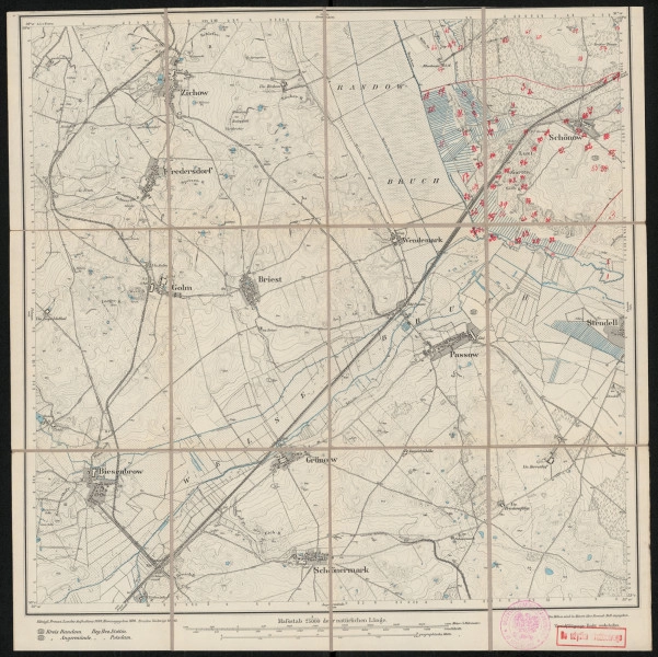 Mapa drukowana 1403 Passow II - Ujęcie z przodu; Mapę 1403 Passow II opracowano w 1888, wydano w 1890, a dodrukowano w 1912 roku. Obejmuje obszar w pobliżu miejscowości Passow, Kreis Angermünde, Reg. Bez. Potsdam, Prov. Brandenburg, dziś Kreis Uckermark, Bundesland Brandenburg, Niemcy. Jest jedynym zachowanym egzemplarzem arkusza przedwojennej mapy topograficznej oznaczonego godłem 1403, zawierającym dane o lokalizacji obiektów i ich nazw w zasobie archiwalnym Flurnamen Sammlung. Na drukowanej mapie ręcznie naniesiono warstwę z numeracją obiektów fizjograficznych odnoszących się do miejscowości: Blumberg, Schönow.