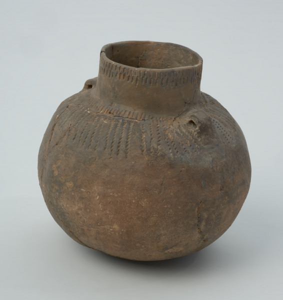 Naczynie gliniane - Ujęcie z tyłu; Amfora o baniastym brzuścu i cylindrycznej szyjce z parą taśmowatych uch umieszczonych pomiędzy nasadą szyjki i górną partią brzuśca, zdobiona na szyjce pod wylewem podwójnym pasmem pionowych stempelków (słupków), analogicznym, ale pojedynczym pasmem u nasady szyjki, a w górnej części brzuśca dookolnie parami pionowych linii odcisków sznura. Naczynie zrekonstruowane i uzupełnione gipsem barwionym. Barwa od szarobrunatnej przez brunatną po brązową.