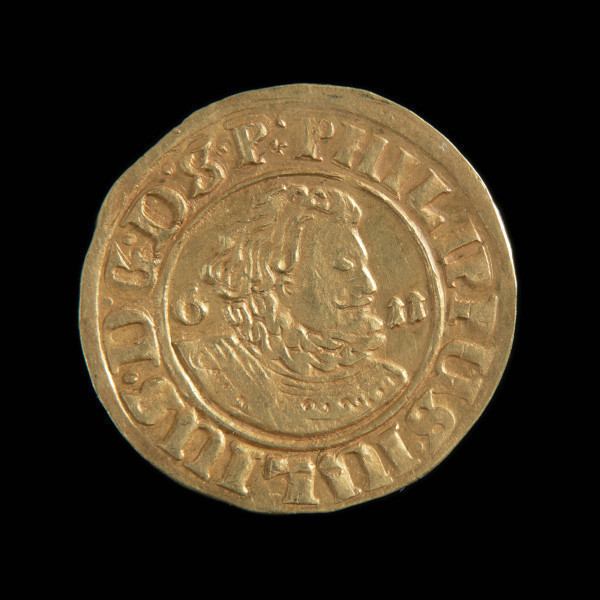 gulden - Ujęcie awersu. Na awersie popiersie ksiecia w zbroi z wysoką krezą w prawo. Po bokach data 6-11. W otoku napis.