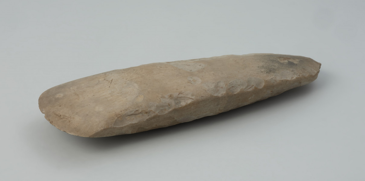 Siekiera krzemienna - Ujęcie z przodu skosem w prawą stronę.. Długa, smukła siekierka czworościenna z cienkim obuchem, wykonana z krzemienia kredowego o niejednolitej, szarej barwie. Obuch i ostrze łukowe. Powierzchnia wygładzona, miejscami do połysku, ze śladami po rdzeniowaniu przy krawędziach bocznych i na obuchu. Na powierzchni szerszej ślad kory. Ostrze z drobnymi śladami wtórych uszkodzeń.