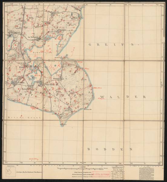 drukowana mapa 441 Zudar I - Ujęcie z przodu; Mapę 441 Zudar I opracowano w 1885, a skorygowano i wydrukowano w 1925 roku. Obejmuje obszar w pobliżu miejscowości Zudar, Kreis Rügen, Reg. Bez. Stralsund, Prov. Pommern, dziś Kreis Vorpommern-Rügen, Bundesland Mecklenburg-Vorpommern, Niemcy. Jest jedynym zachowanym egzemplarzem arkusza przedwojennej mapy topograficznej oznaczonego godłem 441, zawierającym dane o lokalizacji obiektów i ich nazw w zasobie archiwalnym Flurnamen Sammlung. Na drukowanej mapie ręcznie naniesiono warstwę z numeracją obiektów fizjograficznych odnoszących się do miejscowości: Puddemin, Gr. Schoritz, Dumsevitz, Silmenitz, Zudar, Losentitz, Maltzien, Poppelvitz, Zicker, Grabow.