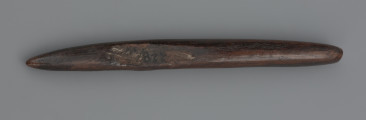 grot; ostrze kościane - ujęcie z góry; Krótkie ostrze kościane o owalnym przekroju, wykonane z kości długiej dużego ssaka. W części środkowej po dwóch stronach widoczna jest płaska, naturalna powierzchnia kości. Na powierzchni widoczne są liczne, podłużne linie ryte i poprzeczne prążkowanie, świadczące o intensywnym użytkowaniu i wielokrotnych naprawach. Pierwotnie ostrze mogło być dłuższe, zaś z każdą kolejną naprawą ulegało skróceniu. Na skutek przebywania w torfowisku powierzchnia zabytku trwale przybrała ciemny, niemal czarny kolor.