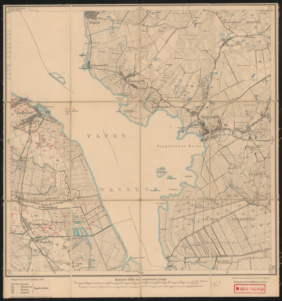 Mapa drukowana 961 Gr. Stepenitz I - Ujęcie z przodu; Mapę 961 Gr. Stepenitz I opracowano i wydano w 1886, a dodrukowano w 1925 roku. Obejmuje obszar w pobliżu miejscowości Gr. Stepenitz, Kreis Cammin, Reg. Bez. Stettin, Prov. Pommern, dziś Stepnica, pow. goleniowski, woj. zachodniopomorskie, Polska. Jest jednym z dwóch zachowanych egzemplarzy arkusza przedwojennej mapy topograficznej oznaczonego godłem 961, zawierającym dane o lokalizacji obiektów i ich nazw w zasobie archiwalnym Flurnamen Sammlung. Na drukowanej mapie ręcznie naniesiono warstwę z numeracją obiektów fizjograficznych odnoszących się do miejscowości: Köpitz, dziś Kopice; Flacke, dziś Miłowo; Gr., Kl. Ziegenort, dziś Trzebież; Gr., Kl. Stepenitz, dziś Stepnica; Wilhelmsdorf, dziś Uniemyśl; Königsfelde, dziś Niekłończyca.