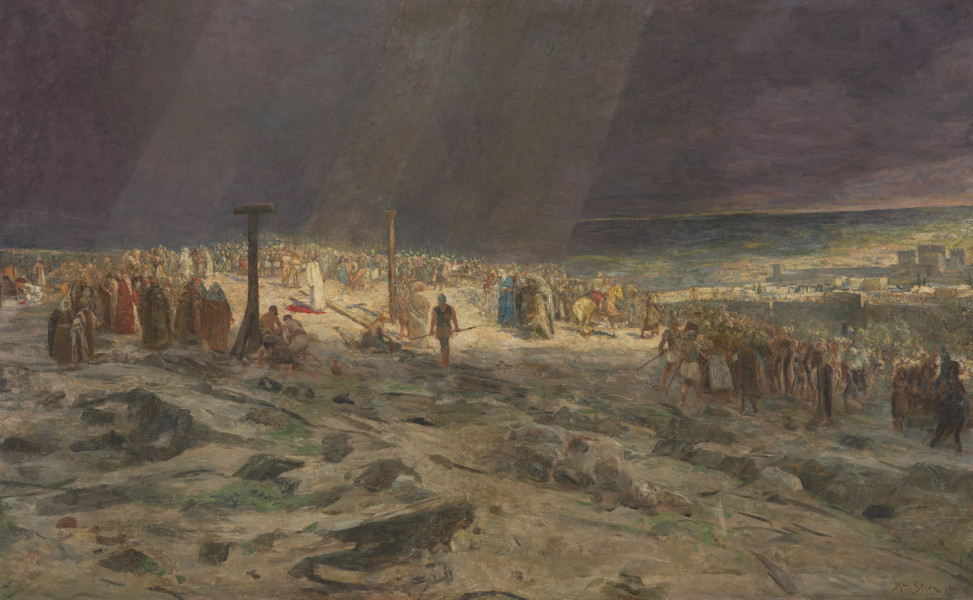 malarstwo religijne - ujęcie z przodu; Na jasnej płaszczyźnie wzgórza przedstawiony tłum ludzkich postaci wokół przygotowanego krzyża. Widać męską postać ubraną na biało, stojąca w padającym z góry świetle wśród zgromadzonego tłumu. W tle fioletowe niebo.