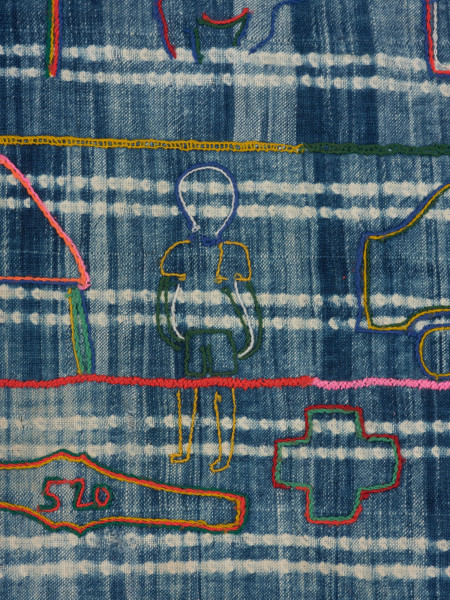 odzież - Ujęcie dziewiątego detalu. Spódnica w kształcie prostokątu. Całość wyszywana z różnokolorowych nici.