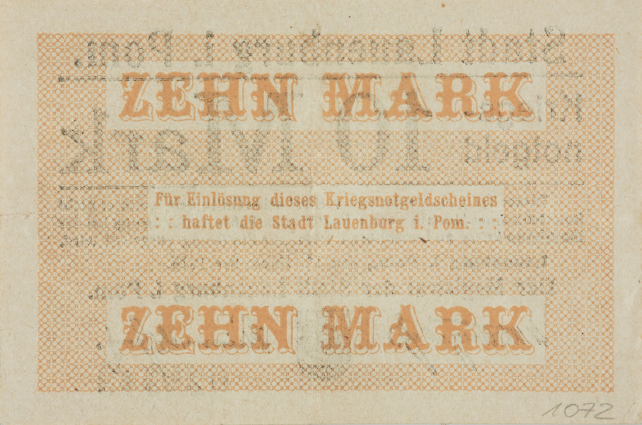 bon - Ujęcie strony odwrotnej. Dwustronny bon o nominałe 10 marek, z beżowym poddrukiem i czarnymi napisami.