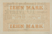 bon - Ujęcie strony odwrotnej. Dwustronny bon o nominałe 10 marek, z beżowym poddrukiem i czarnymi napisami.