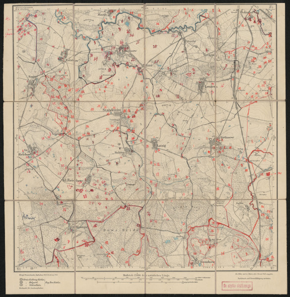 drukowana mapa 692 Standemin I - Ujęcie z przodu; Mapę 692 Standemin I opracowano i wydano w 1889, a dodrukowano w 1919 roku. Obejmuje obszar w pobliżu miejscowości Standemin, Kreis Belgard, Reg. Bez. Köslin, Prov. Pommern, dziś Stanomino, pow. białogardzki, woj. zachodniopomorskie, Polska. Jest jedynym zachowanym egzemplarzem arkusza przedwojennej mapy topograficznej oznaczonego godłem 692, zawierającym dane o lokalizacji obiektów i ich nazw w zasobie archiwalnym Flurnamen Sammlung. Na drukowanej mapie ręcznie naniesiono warstwę z numeracją obiektów fizjograficznych odnoszących się do miejscowości: Garchen, dziś Garnki; Sager, dziś Zagórze; Natztow, dziś Nasutowo; Rostin, dziś Rościno; Kamissow, dziś Kamosowo; Lenzen, dziś Łęczno; Denzin, dziś Dębczyno; Ackerhof, dziś Przemiłowo; Gr., Kl. Reichow, dziś Rychowo, Rychówko; Standemin; Schinz, dziś Sińce; Latzig, dziś Laski; Grüssow, dziś Gruszewo; Zarnefanz, dziś Czarnowęsy (Pomorskie); Podewils, dziś Podwilcze; Krampe, dziś Krępa; Naffin, dziś Nawino; Ganzkow, dziś Gąsków.