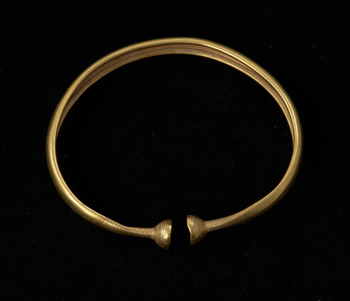 bransoleta z pieczątkowatymi zakończeniami - Ujęcie z góry tyłu. Bransoleta otwarta z pieczątkowatymi zakończeniami, przypominającymi niewielkie miseczki lub naparstki, wykonana jest ze stosunkowo cienkiej, złotej blachy, której brzegi zagięte są charakterystycznie pod spód, tworząc wąskie, puste wewnątrz obręcze. Kabłąk bransolety zdobią grupy poprzecznych nacięć, a jej zakończenia dookolne ryty.