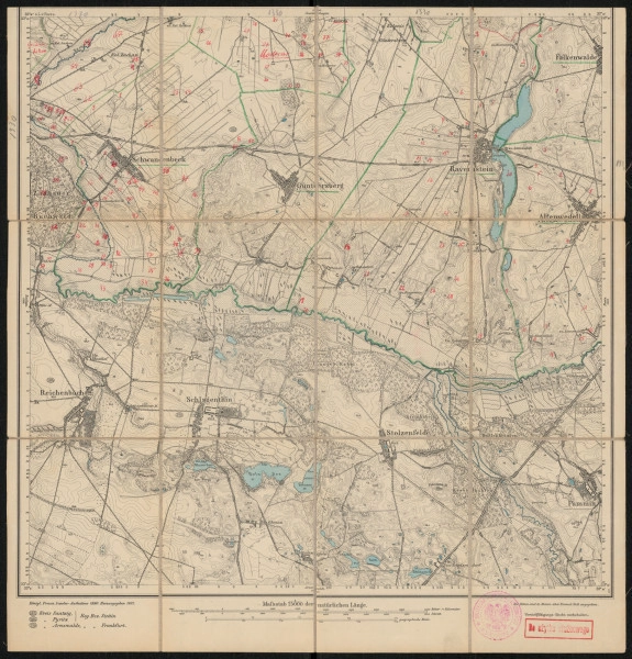 Mapa drukowana 1330 Ravenstein II - Ujęcie z przodu; Mapę 1330 Ravenstein II opracowano w 1890, a wydano w 1892 roku. Obejmuje obszar w pobliżu miejscowości Ravenstein, Kreis Saatzig, Reg. Bez. Stettin, Prov. Pommern, dziś Wapnica, pow. stargardzki, woj. zachodniopomorskie, Polska. Jest jedynym zachowanym egzemplarzem arkusza przedwojennej mapy topograficznej oznaczonego godłem 1330, zawierającym dane o lokalizacji obiektów i ich nazw w zasobie archiwalnym Flurnamen Sammlung. Na drukowanej mapie ręcznie naniesiono warstwę z numeracją obiektów fizjograficznych odnoszących się do miejscowości: Zachan, dziś Suchań; Moderow, dziś Modrzewo; Schwanenbeck, dziś Suchanówko; Ravenstein; Altenwedell (też Altenwedel), dziś Sicko.