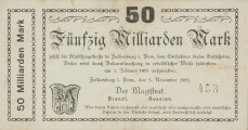 50 miliardów marek - Ujęcie z przodu. Jednostronny bon o nominale 50 miliardów marek z czarnymi gotyckimi napisami. Strona główna: w prostokątnej ramce złożonej z ustawionych poziomo ósemek, czcionką zbliżoną do fraktury w kolorze czarnym napis: 50/ Fünzig Milliarden Mark/ zahlt die Stadthauptkasse in Falkenburg i. Pomm. dem Einlieferer dieses Geldscheins./ Dieser wird durch Bekanntmachung in ortsüblicher Weise spätestens/ am 1. Februar 1924 aufgerufen./ Falkenburg i Pomm., den 3. November 1923./ Der Magistrat/ Brandt. - Bussian./ Wer diesen Schein nachmacht oder ferfälst oder nachgemachte oder ferfälste/ Scheine in der Verkehr bringt, wird strafrechtlich verfolgt. Po prawej stronie w kolorze czarnym numer bonu: 453, a po lewej stronie herb miasta. Po prawej w ramce prostopadle oznaczenie nominału: 50 Milliarden Mark. Strona odwrotna: pusta. Papier biały.