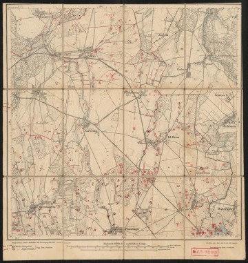 Mapa drukowana 965 Farbezin I - Ujęcie z przodu; Mapę 965 Farbezin I opracowano w 1890, wydano w 1891, a dodrukowano w 1912 roku. Obejmuje obszar w pobliżu miejscowości Farbezin, Kreis Naugard, Reg. Bez. Stettin, Prov. Pommern, dziś Wierzbięcin, pow. goleniowski, woj. zachodniopomorskie, Polska. Jest jedynym egzemplarzem arkusza przedwojennej mapy topograficznej oznaczonego godłem 965, zawierającym dane o lokalizacji obiektów i ich nazw w zasobie archiwalnym Flurnamen Sammlung. Na drukowanej mapie ręcznie naniesiono warstwę z numeracją obiektów fizjograficznych odnoszących się do miejscowości: Maskow, dziś Maszkowo; Kniephof, dziś Konarzewo; Jarchlin, dziś Jarchlino; Schloissin, dziś Słajsino; Külz, dziś Kulice; Farbezin; Wussow, dziś Osowo; Kl. Benz, dziś Bieniczki; Hohenbenz, dziś Bieńczyce; Gr. Benz, dziś Bienice; Bernhagen, dziś Ostrzyca; Plantikow, dziś Błądkowo; Daber, dziś Dobra.