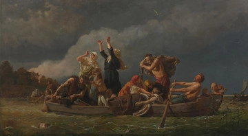 scena historyczna - ujęcie z przodu; Zielonkawo-niebieskie morze. Na pierwszym planie łódka z kilkoma stłoczonymi w niej postaciami. Jedna z kobiet wznosi błagalnie ręce w górę, druga podnosi rękę do góry w geście malującego się przerażenia na twarzy. Dwóch mężczyzn włosłuje. Na dnie łodzi leży starszy mężczyzna, którym opiekują się dwie kobiety, starsza i młodsza. Wokół skupione są małe dzieci. W tle widać kolejną łódkę oraz drzewa na lądzie. Niebo jest granatowo-szare, zachmurzone. Nad łódką unosi się mewa.