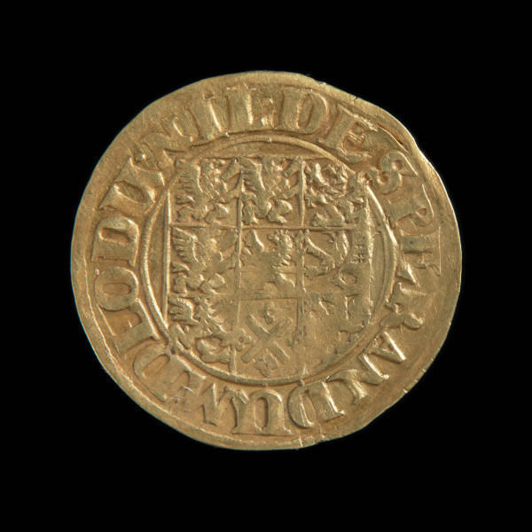 gulden - Ujęcie rewersu. Na rewersie dziewięciopolowa tarcza herbowa. W otoku napis.