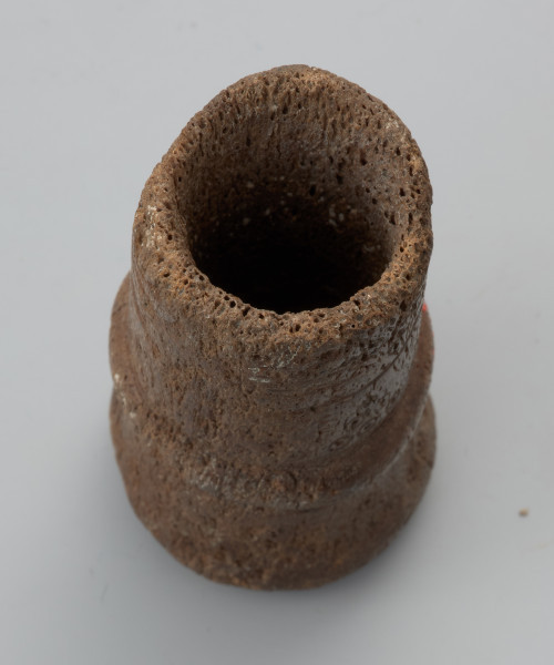 instrument muzyczny - Ujęcie od góry. Ustnik instrumentu dętego wytoczony z poroża był elementem drewnianej trąby lub zakrzywionego rogu.