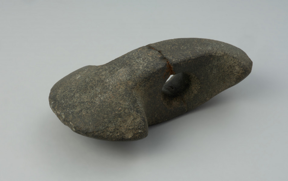 broń obuchowa - Ujęcie boku i góry. Topór kamienny obosieczny, tzw. o dwóch ostrzach, labrys lub topór Amazonek, na obu końcach rozszerzony symetrycznie w górę i dół, przy czym koniec ostrzejszy jest słabiej rozchylony, niż druga strona. Otwór do osadzenia trzonka znajduje się około połowy długości korpusu. Przełamany na wysokości otworu i sklejony. Powierzchnia gładzona, nieco zniszczona