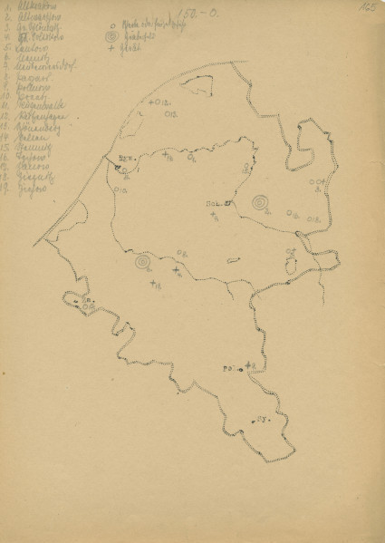 Flurnamen Sammlung - Powiat Sławieński - Ujęcie jednej z odręcznych map. Mocno pożółkła karta z odręcznie narysowaną czarnym tuszem mapą z zaznaczonymi granicami obszaru. W górnej i lewej części karty odręczny spis pozycji i nazw w języku niemieckim.