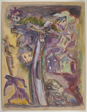 Ujęcie z przodu. Obraz przedstawiający dwóch ukrzyżowanych mężczyzn w małomiasteczkowym pejzażu.