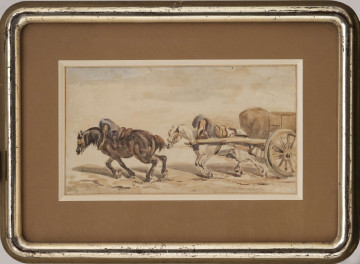 S/G/2541/ML - Scena rodajowa. Przedstawienie dwóch koni ciągnących wóz, którego część widoczna przy prawej krawędzi kompozycji. Konie rzędem, ujęte profilem w lewo. Uchwycone w ruchu. Koń bezpośrednio zaprzęgnięty do wozu o jasnej maści oddanej za pomocą ugrowo - beżowych smug, drugi brązowo - brunatny z ceglasto - oranżowymi błyskami. Elementy uprzęży ożywiają plamy błękitu i fiolet. Pas podłoża i wóz w odcieniach brązów i ugrów. W tle niebo podbarwione delikatnie rozmytym błękitem.
