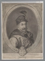 R/5164/ML - Portret mężczyzny w owalnej, profilowanej ramie, na tle prostokątnej płyciny, 
w popiersiu, 3/4 w prawo. Twarz o wyrazistych rysach, głęboko osadzonych 
dużych oczach. Brwi ściągnięte, nos dość duży, lekko orli. Nad górną wargą sumiaste wąsy. Ubrany w żupan z obszernym futrzanym kołnierzem, spięty pod szyją zaponą. Na głowie czapka z wpiętą broszą z klejnotów z kitą. U dołu owalu kartusz z herbami: Orłem, Pogonią i Trzema Zębami Batorych pośrodku, po jego bokach gałązki dębu i lauru.
Pod portretem napis l.: STEFAN BATORY. K: P:, p.: STEFANUS BATHOREUS
ur: 1533 - obrany Królem 1575 - um. 1586 - pochowany w Krakowie
poniżej faksymile autografu. 
sygn.: podług Baciarellego J. F. Piwarski 1857