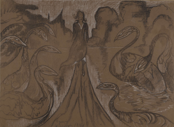 S/G/1683/ML - Kompozycja metaforyczna. W centrum zwężająca się perspektywicznie w głąb droga z postacią idącej kobiety. Kobieta w rozwianej sukni z dekoltem, ręce opuszczone wzdłuż tułowia, dłonie odgięte na bok. Po obu stronach drogi wyłaniające się z wody sylwetki fantastycznych potworów o obłych ciałach i wężowatych głowach zwróconych w kierunku postaci. W tle zarys górzystego krajobrazu. Sylwetki modelowane czernią, miejscami akcenty bieli.
