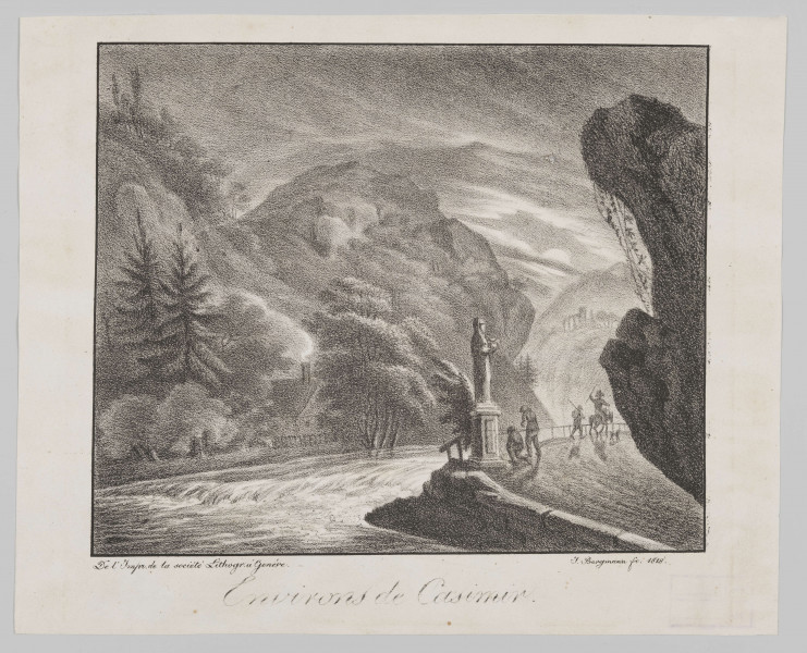 S/G/700/ML - Pejzaż ze sztafażem. Na pierwszym planie przy prawej krawędzi fragment skały, po lewej zakole Wisły ograniczone po prawej stronie kamiennym murem. W łuku rzeki wysoki postument z figurą świętej, przed nią modlący się dwaj mężczyźni. W głębi, na drodze dwie kolejne postacie męskie - jeden z mężczyzn na osiołku, drugi pieszo, obok nich pies. Za korytem rzeki widoczny fragment domu przysłonięty częściowo przez otaczające go drzewa. W tle skaliste, porośnięte drzewami wzniesienia i zasnute chmurami niebo.