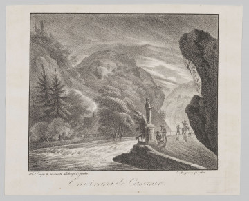 S/G/700/ML - Pejzaż ze sztafażem. Na pierwszym planie przy prawej krawędzi fragment skały, po lewej zakole Wisły ograniczone po prawej stronie kamiennym murem. W łuku rzeki wysoki postument z figurą świętej, przed nią modlący się dwaj mężczyźni. W głębi, na drodze dwie kolejne postacie męskie - jeden z mężczyzn na osiołku, drugi pieszo, obok nich pies. Za korytem rzeki widoczny fragment domu przysłonięty częściowo przez otaczające go drzewa. W tle skaliste, porośnięte drzewami wzniesienia i zasnute chmurami niebo.