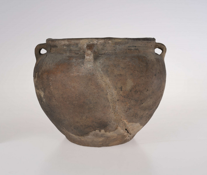 Baniaste naczynie z czterema uszkami o brunatnej powerzchni. Dno niewyodrębnione, delikatnie wklęsłe. Szyjka krótka, cylindryczna.