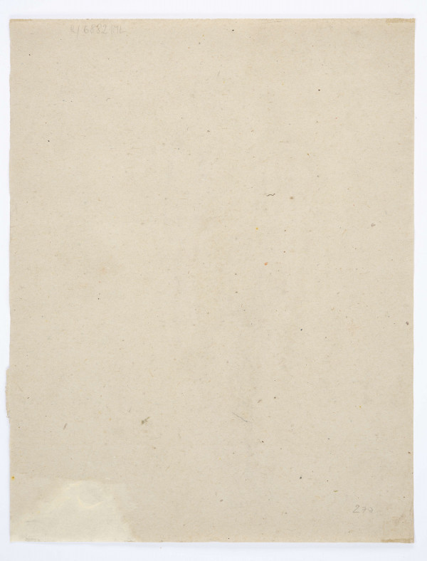 Studium aktu. Postać ukazana od tyłu en trois quartrs w prawo, w kontrapoście (ciężar ciała spoczywa na prawej nodze) Głowa pochylona ku dołowi z lekko zarysowaną linią włosów. Prawa ręka zgięta w łokciu. Wyraźnie zaznaczona muskulatura. Tło neutralne. Rysowane szkicowo, w konwencji realistycznej.
