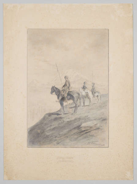 S/G/4338/ML - Scena figuralna na tle górskiego pejzażu. Na pierwszym planie wzniesienie. Przy jego zboczu trzech mężczyzn na koniach, z włóczniami w dłoniach. Jeden z nich usytuowany w centrum kompozycji, dwaj pozostali nieco w głębi, po prawej. W tle wysokie masywy górskie.