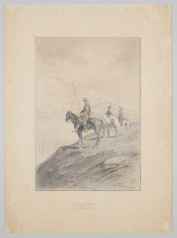 S/G/4338/ML - Scena figuralna na tle górskiego pejzażu. Na pierwszym planie wzniesienie. Przy jego zboczu trzech mężczyzn na koniach, z włóczniami w dłoniach. Jeden z nich usytuowany w centrum kompozycji, dwaj pozostali nieco w głębi, po prawej. W tle wysokie masywy górskie.