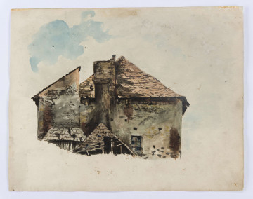 Widok Domu Mansjonarskiego w Lublinie - ukazane górne fragmenty elewacji. Bryła podzielona na dwie części. Po prawej szersza, nakryta 4-spadowym dachem, po lewej część nakryta dachem pulpitowym. W dolnej partii domu zrujnowane dachy dwóch przybudówek. Przedstawienie prowadzone drobnymi plamami szarości z akcentami brązów, ugrów i zieleni. Zarysy i strukturę form podreślaja brunatne i czarne smugi. 
