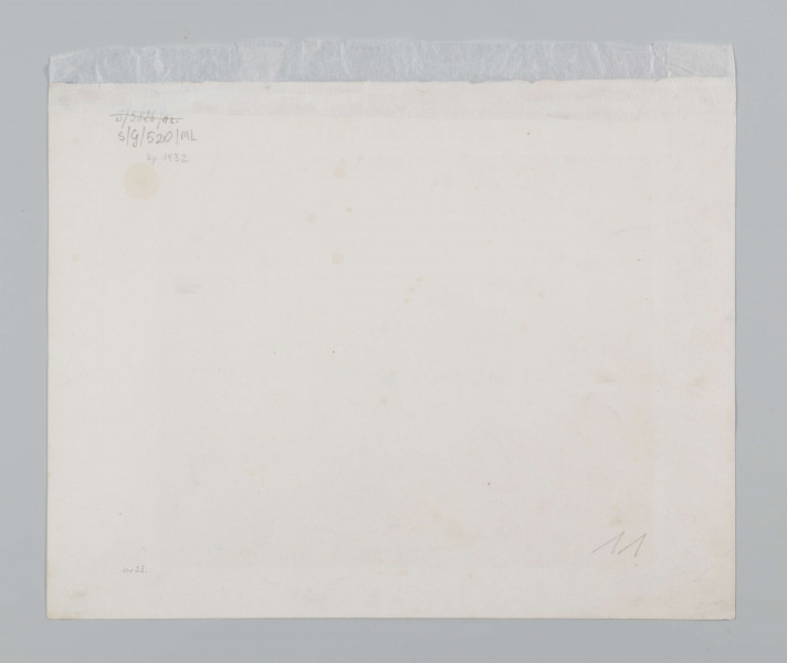 S/G/520/ML - Widok ruin wieży zamku Firlejów w Bochotnicy. Na pierwszym planie po lewej trzech rozmawiających mężczyzn. Nieco w głębi pagórkowate wzniesienie porośnięte bujną roślinnością; na osi kompozycji ruina założonej na planie koła kamiennej wieży. Korpus zachowany w przyziemiu, powyżej wyżłobiony, z licznymi ubytami. W górnej części trzy małe otwory okienne. 