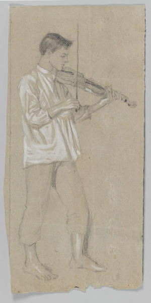 S/G/1271/ML - Postać młodego chłopaca w ujęciu całopostaciowym. Głowa ujęta w profilu, tułów skierowany 3/4 na prawo. Twarz lekko pochylona, ciemne, krótko ostrzyżone włosy. W lewej, ugiętej w łokciu ręce trzyma oparte o policzek skrzypce, w prawej uniesiony ku górze smyczek. Lewa noga wysunięta do przodu.  Ubrany w luźną białą koszulę ze stójką i szerokie, sięgające do połowy łydki spodnie. Stopy bose. Postać rysowana miękką kreską, podkreślona konturem.