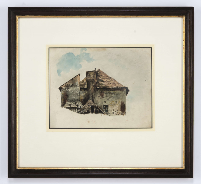 Widok Domu Mansjonarskiego w Lublinie - ukazane górne fragmenty elewacji. Bryła podzielona na dwie części. Po prawej szersza, nakryta 4-spadowym dachem, po lewej część nakryta dachem pulpitowym. W dolnej partii domu zrujnowane dachy dwóch przybudówek. Przedstawienie prowadzone drobnymi plamami szarości z akcentami brązów, ugrów i zieleni. Zarysy i strukturę form podreślaja brunatne i czarne smugi. 
